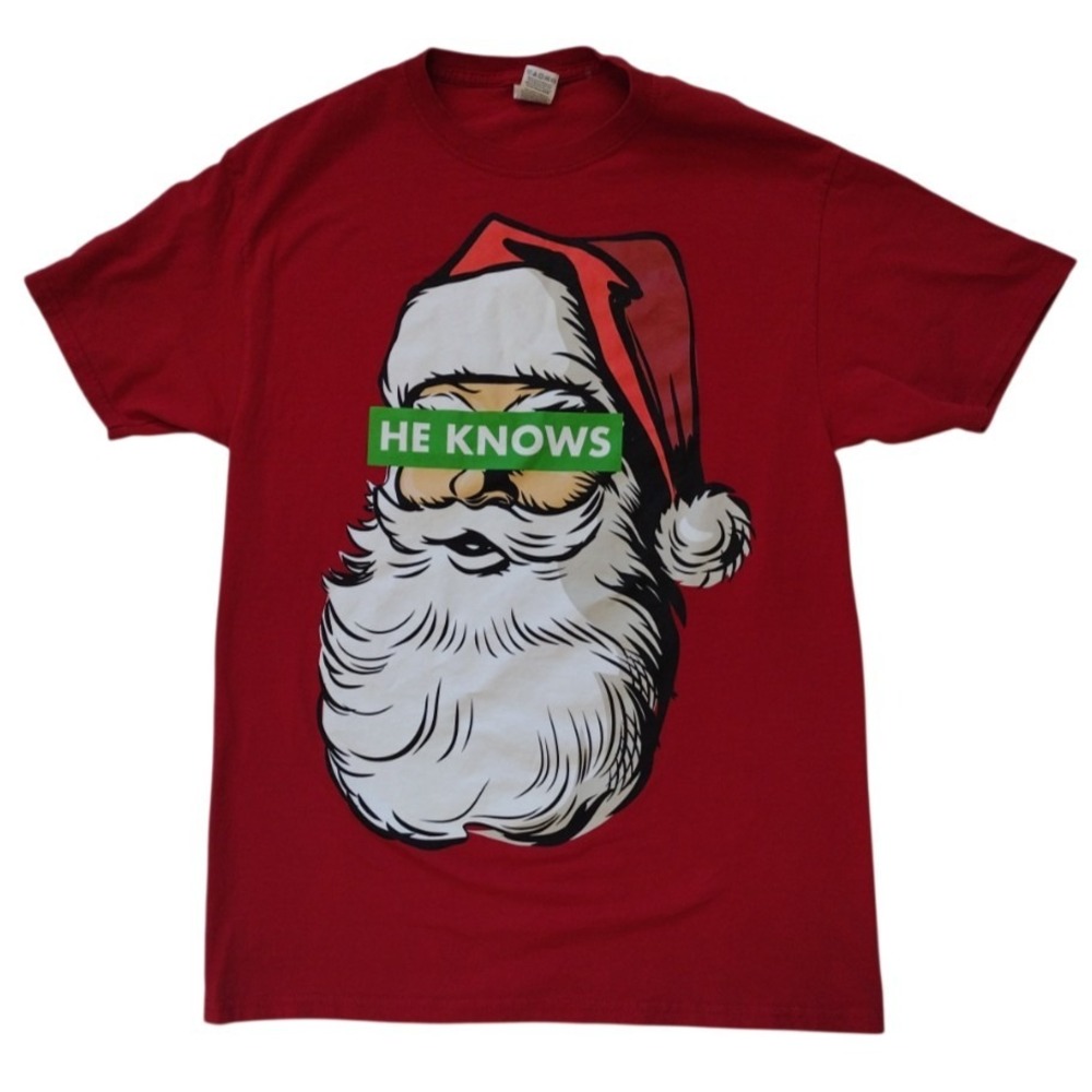 Gildan Red Santa Claus Graphic Print Short Sleeve Shirt Mens Size Medium